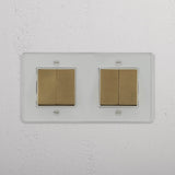 4x Doppel-Wippschalter – Durchsichtig + Antikes Messing + Weiß – moderne Lichtsteuerung – auf weißem Hintergrund